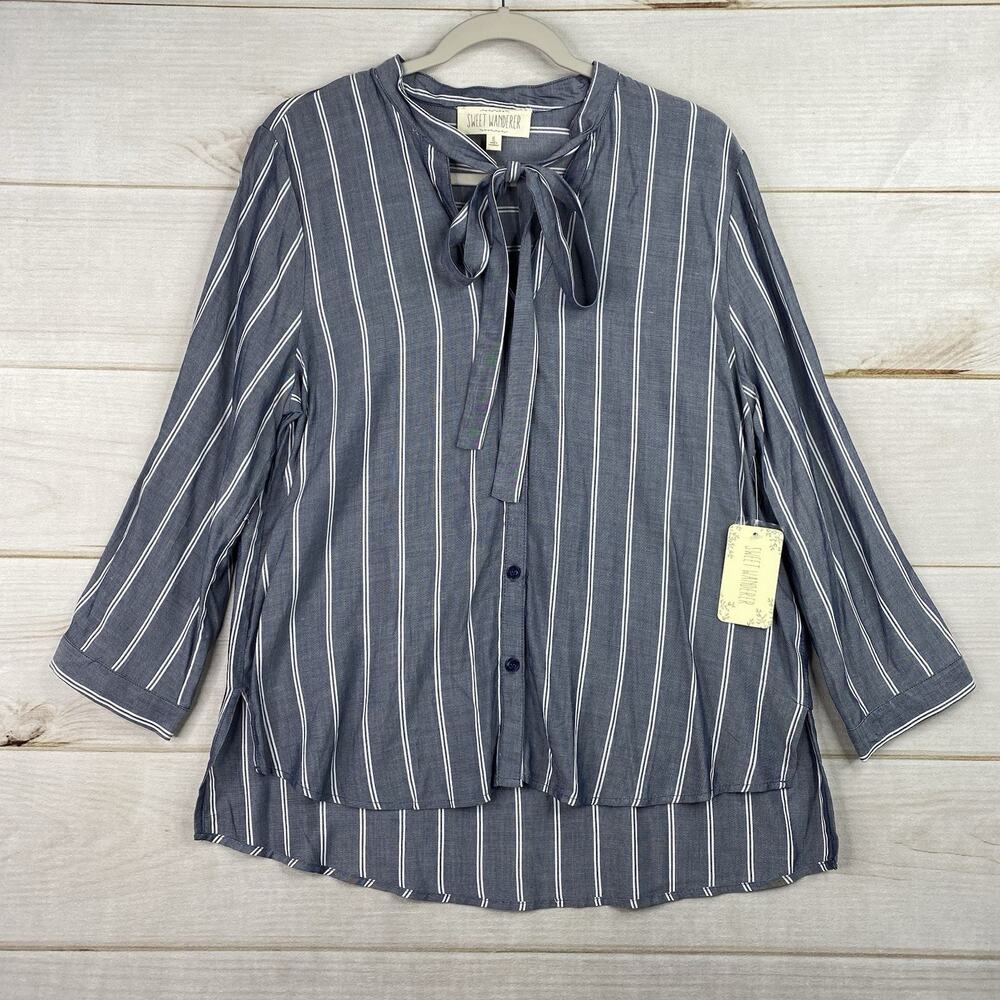 Sweet Wanderer Top XL Womens Blue Striped Button Up Tie Neck 3/4 Sleeve NWT